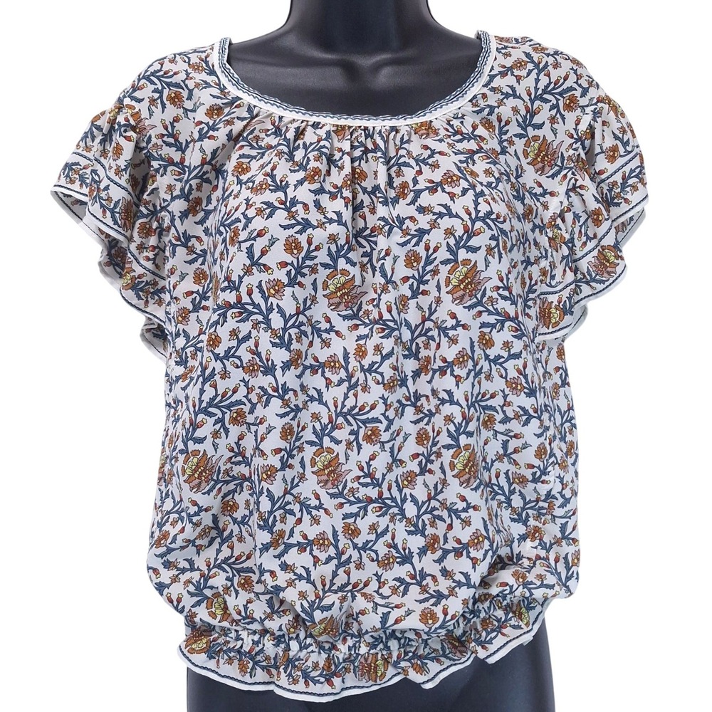 Max Studio Floral Flutter Sleeve Smocked Hem Blouse Sz L Blue Orange Cottagecore